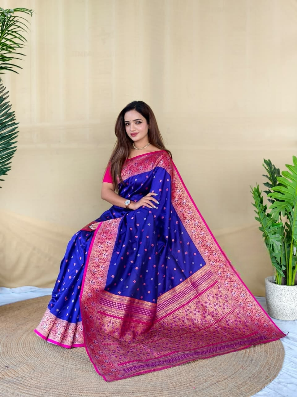 Royal Blue with Rani Pink Soft Silk Saree with Zari Woven Border